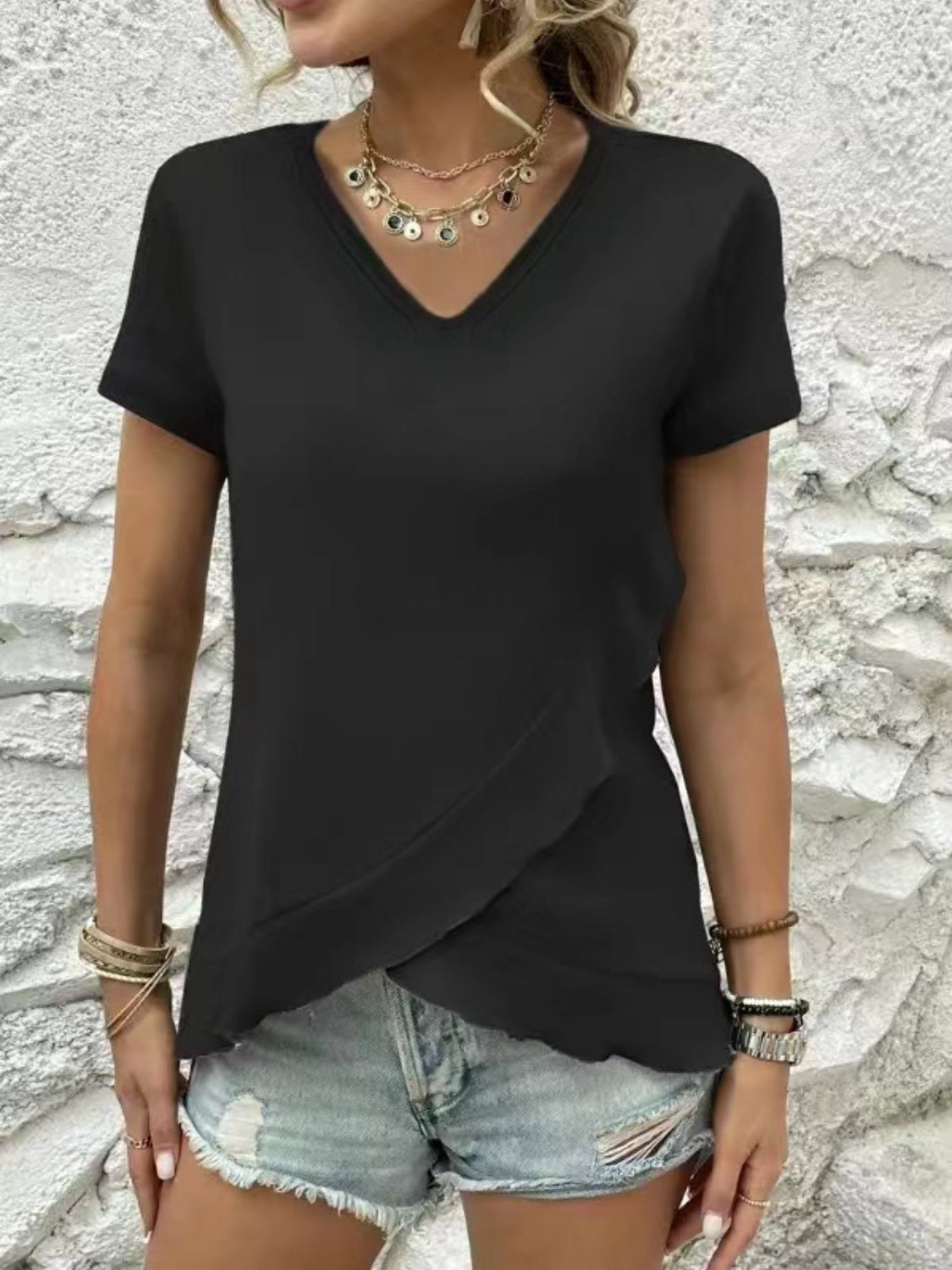 V-Neck Short Sleeve Blouse - Flyclothing LLC