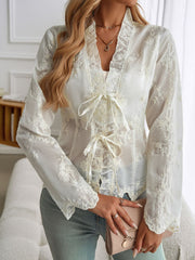 Devine Tied Frill V-Neck Long Sleeve Lace Top