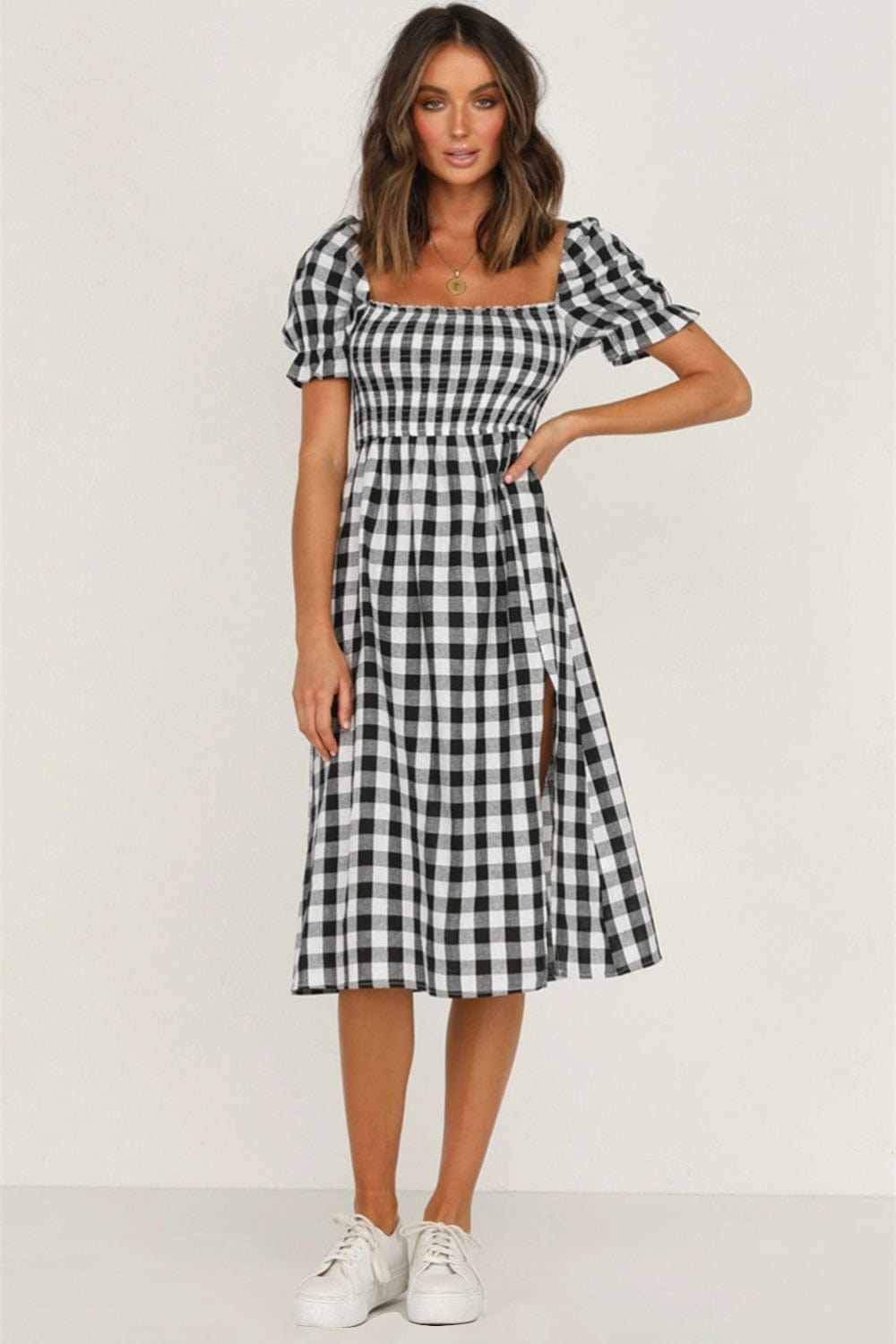 Full Size Slit Plaid Short Sleeve Midi Dress - Trendsi