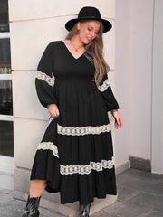 Plus Size Lace Detail V-Neck Long Sleeve Midi Dress - Trendsi