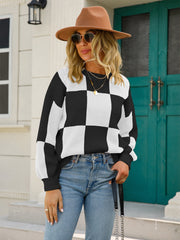 Angel Wings Checkered Round Neck Dropped Shoulder Sweater - Trendsi