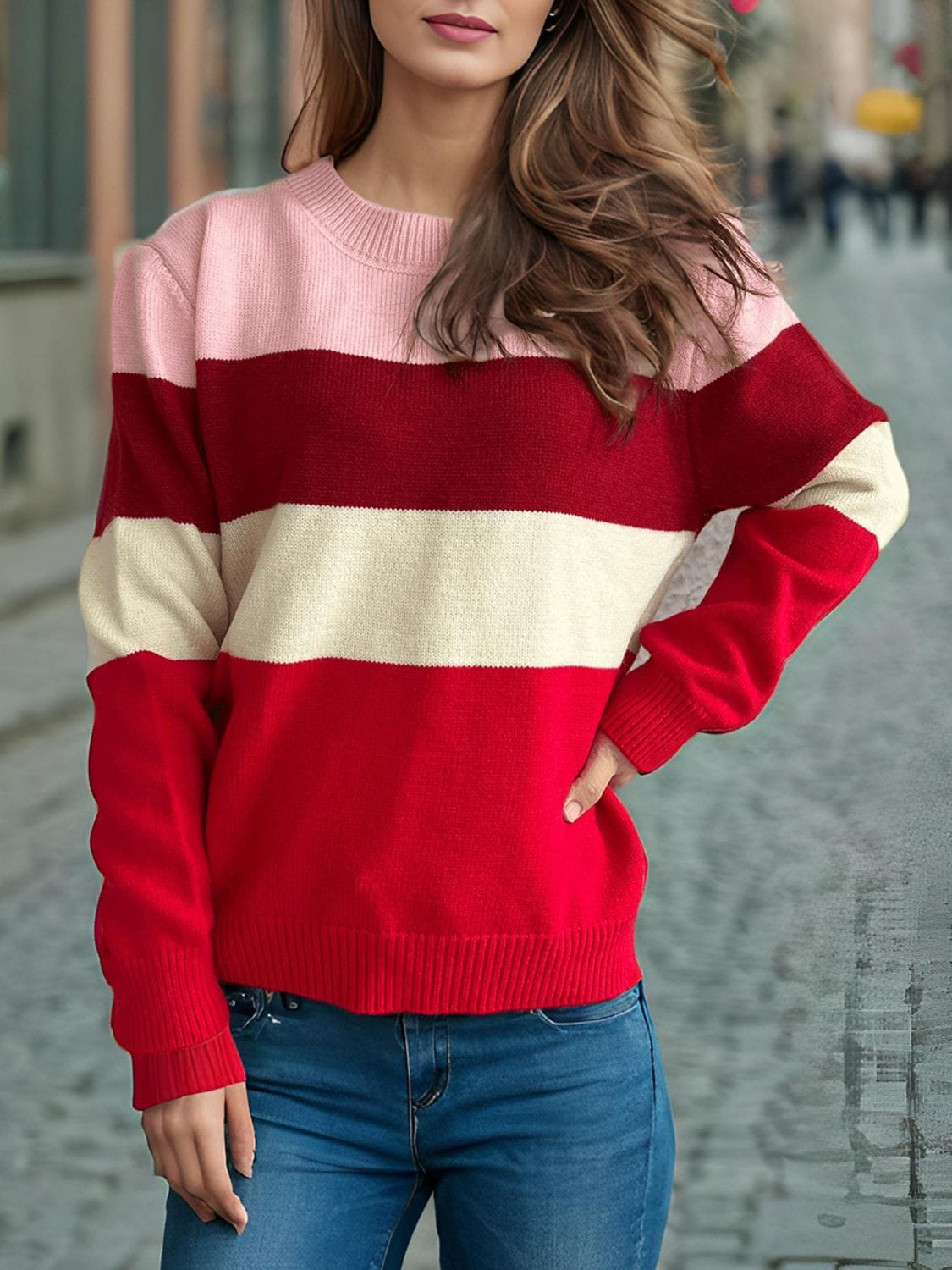 Color Block Round Neck Long Sleeve Sweater - Trendsi