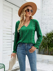 Lace V-Neck Flounce Sleeve Blouse - Flyclothing LLC