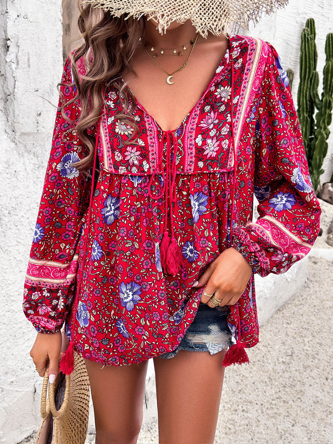 Printed Tie Neck Long Sleeve Blouse - Flyclothing LLC