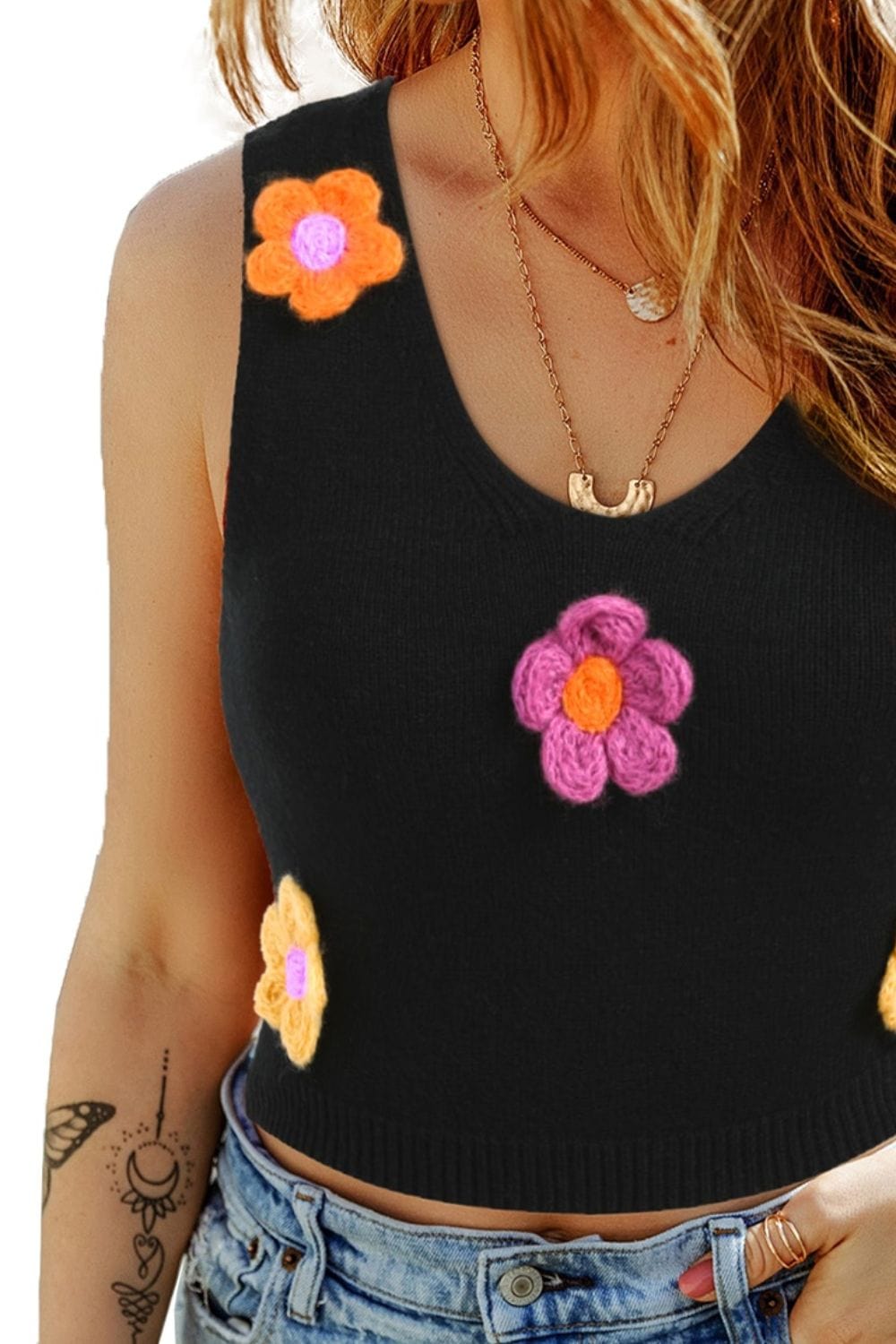 Flower Scoop Neck Knit Vest Trendsi