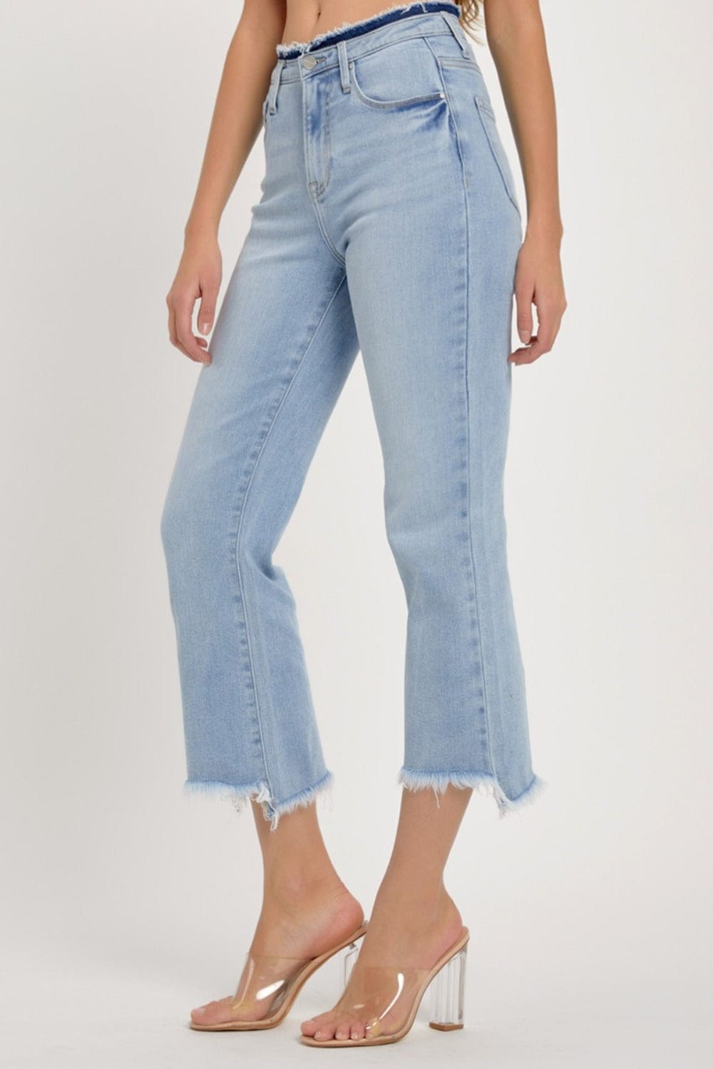 RISEN Full Size High Rise Raw Edge Crop Jeans - Trendsi