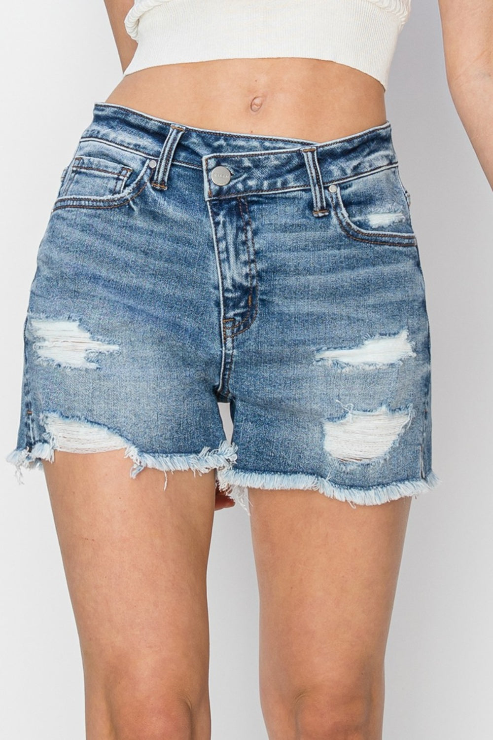 RISEN Stepped Waist Frayed Denim Shorts - Flyclothing LLC