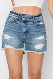 RISEN Stepped Waist Frayed Denim Shorts - Flyclothing LLC