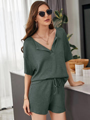 Full Size Waffle-Knit Dropped Shoulder Top and Shorts Set - Trendsi