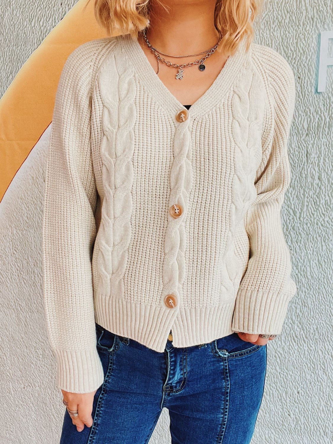 Cable-Knit V-Neck Button Down Long Sleeve Cardigan - Trendsi