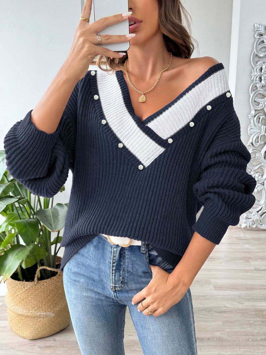 Contrast Trim Dropped Shoulder Long Sleeve Sweater - Trendsi