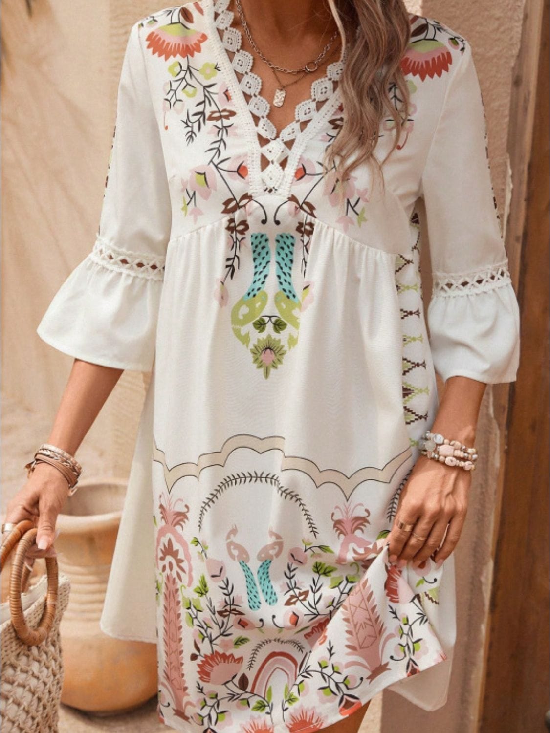 Lace Detail Printed Three-Quarter Sleeve Dress - Trendsi