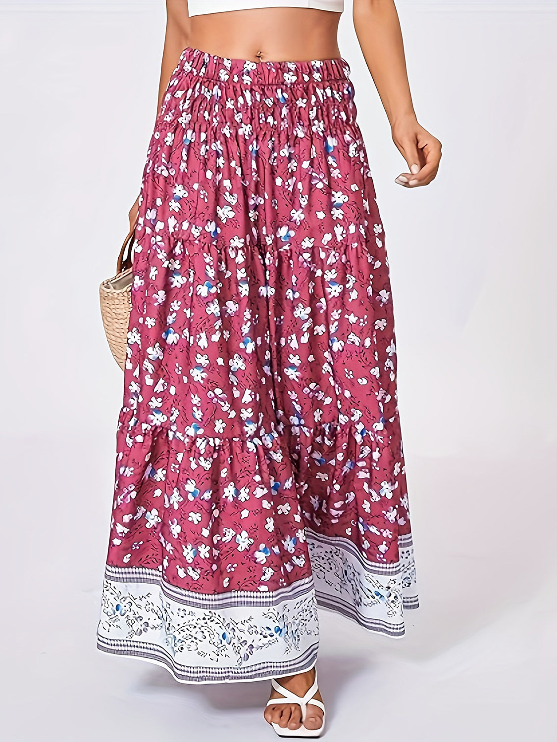 Full Size Tiered Printed Elastic Waist Skirt Trendsi