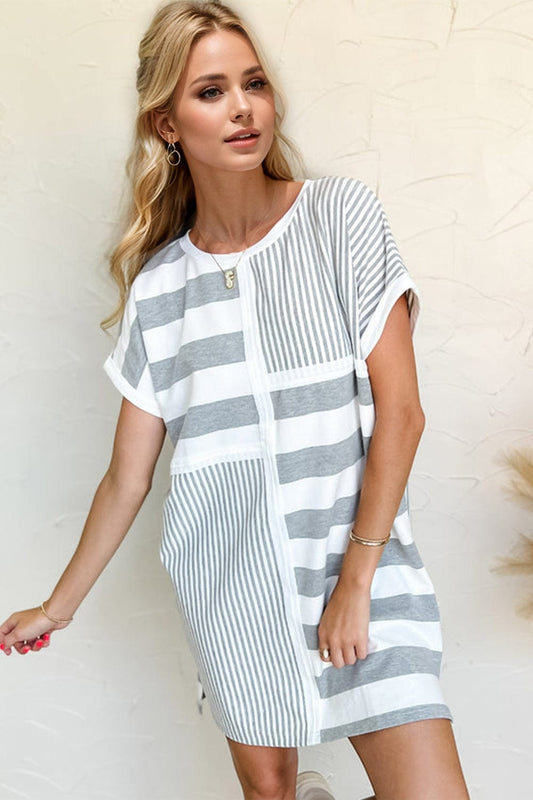 Oh Full Size Striped Round Neck Short Sleeve Mini Tee Dress - Trendsi