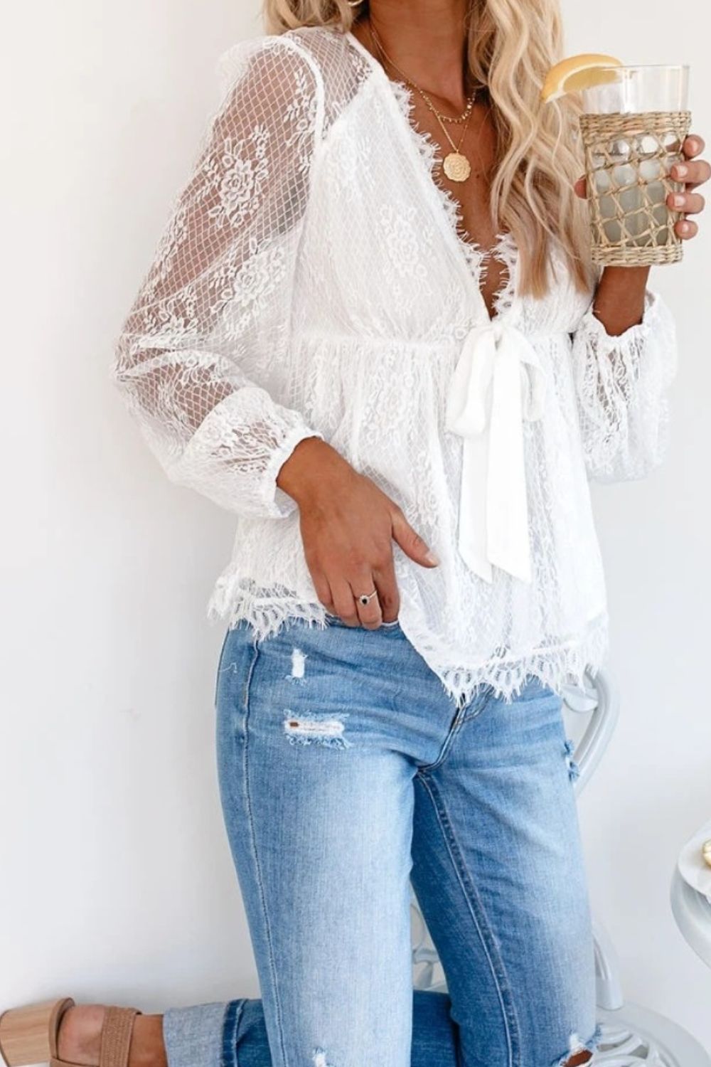 Lace Detail Plunge Long Sleeve Blouse - Flyclothing LLC