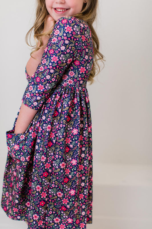 Flower Farm 3/4 Sleeve Pocket Twirl Dress