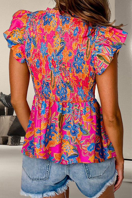 Smocked Printed V-Neck Cap Sleeve Blouse Trendsi