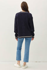 Be Cool Contrast Trim Cable-Knit V-Neck Cardigan - Trendsi