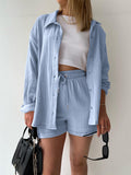 Texture Button Up Shirt and Drawstring Shorts Set - Flyclothing LLC