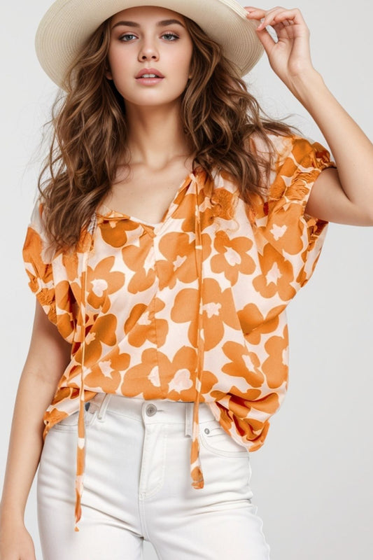 Printed Tie Neck Short Sleeve Blouse Trendsi