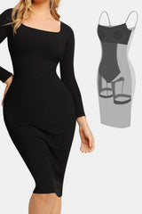 Basic Bae Full Size Built-In Shapewear Square Neck Long Sleeve Dress - Trendsi