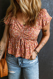 Drawstring Floral V-Neck Short Sleeve Blouse - Flyclothing LLC