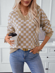 Checkered V-Neck Dropped Shoulder Sweater - Trendsi