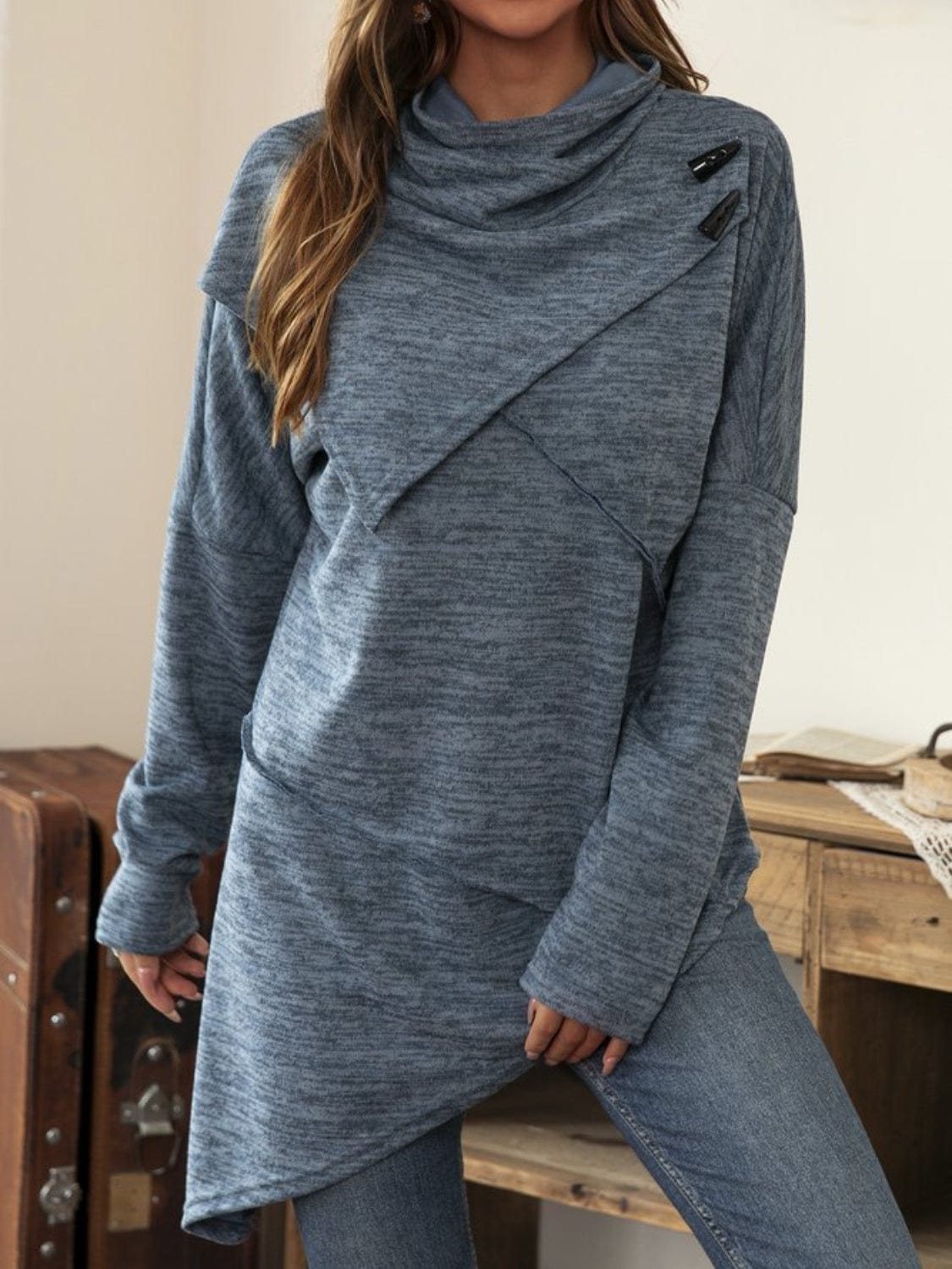 Asymmetrical Hem Cowl Neck Long Sleeve T-Shirt - Trendsi