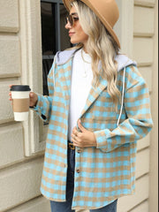 Drawstring Plaid Long Sleeve Hooded Jacket - Trendsi