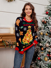 Christmas Element Round Neck Long Sleeve Sweater - Trendsi