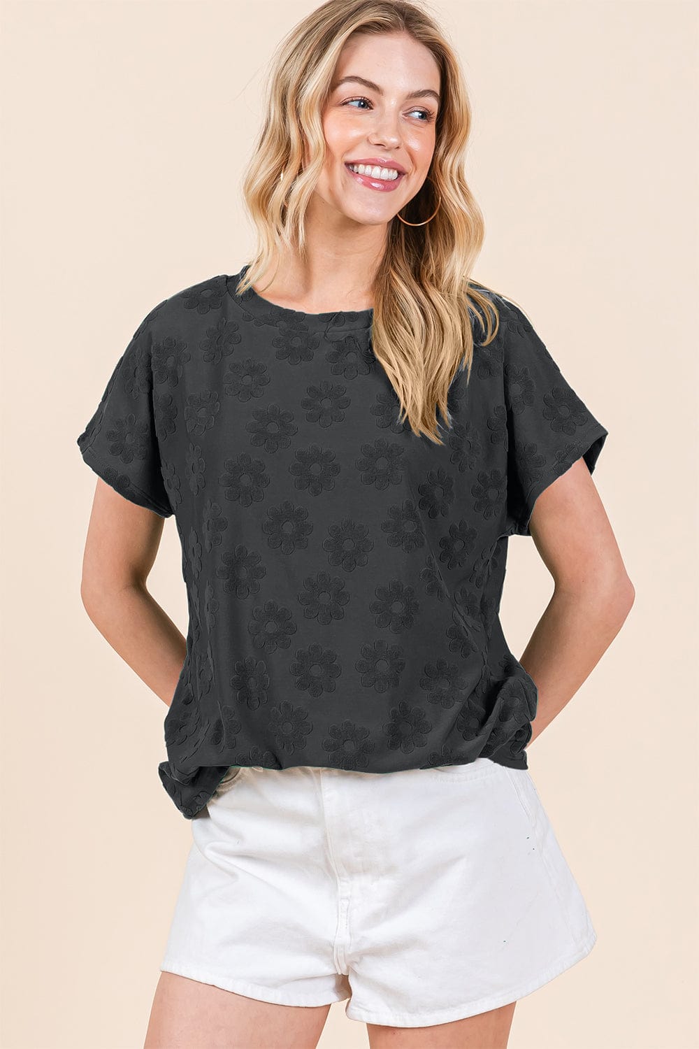 BOMBOM Textured Floral Pattern Short Sleeve T-Shirt - Trendsi