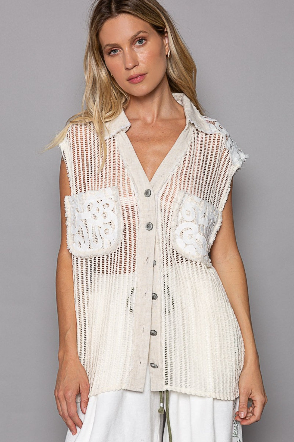 POL Button Down Crochet Patches Knit Vest - Flyclothing LLC