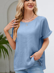 Round Neck Short Sleeve Blouse - Flyclothing LLC