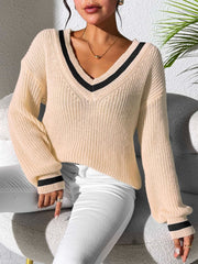 Contrast Trim V-Neck Long Sleeve Sweater - Trendsi