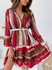 Buttoned Striped Long Sleeve Mini Dress - Trendsi