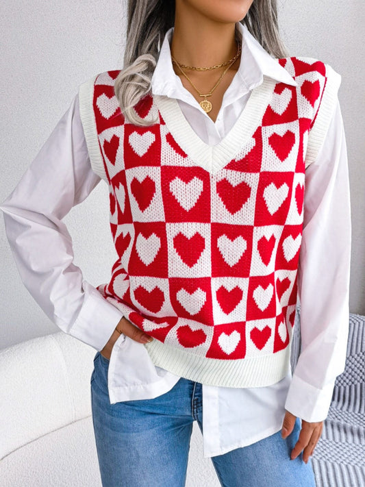 Heart V-Neck Sweater Vest - Trendsi