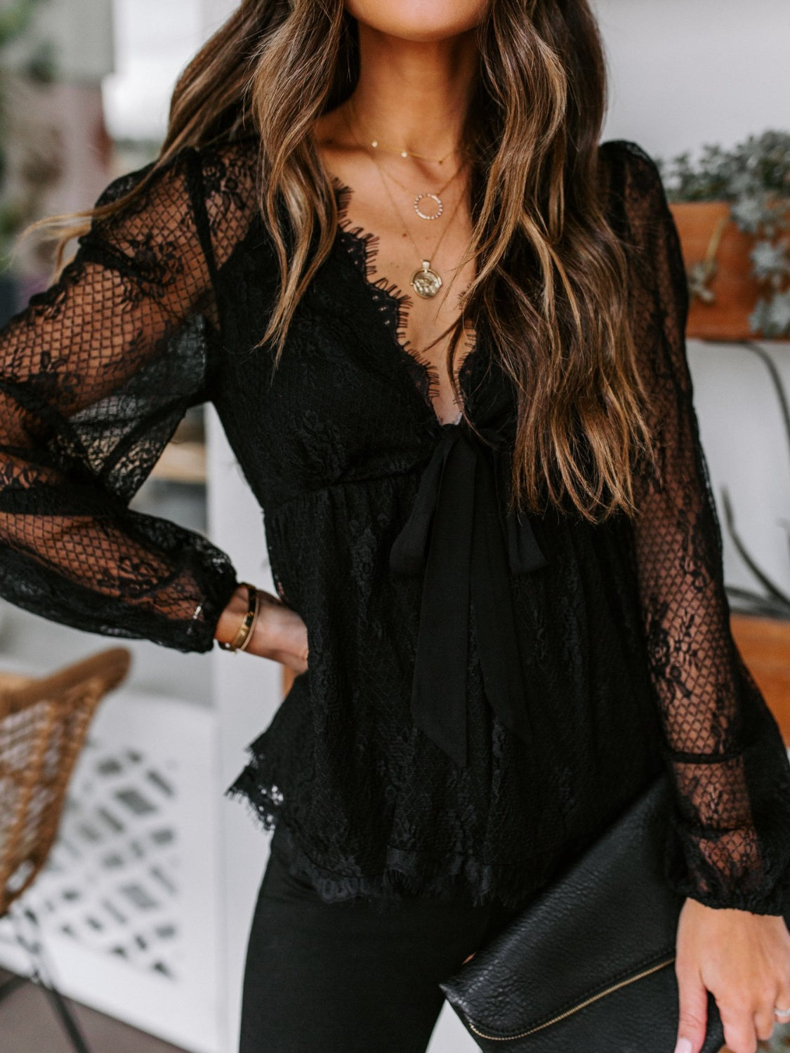 Lace Detail Plunge Long Sleeve Blouse - Flyclothing LLC