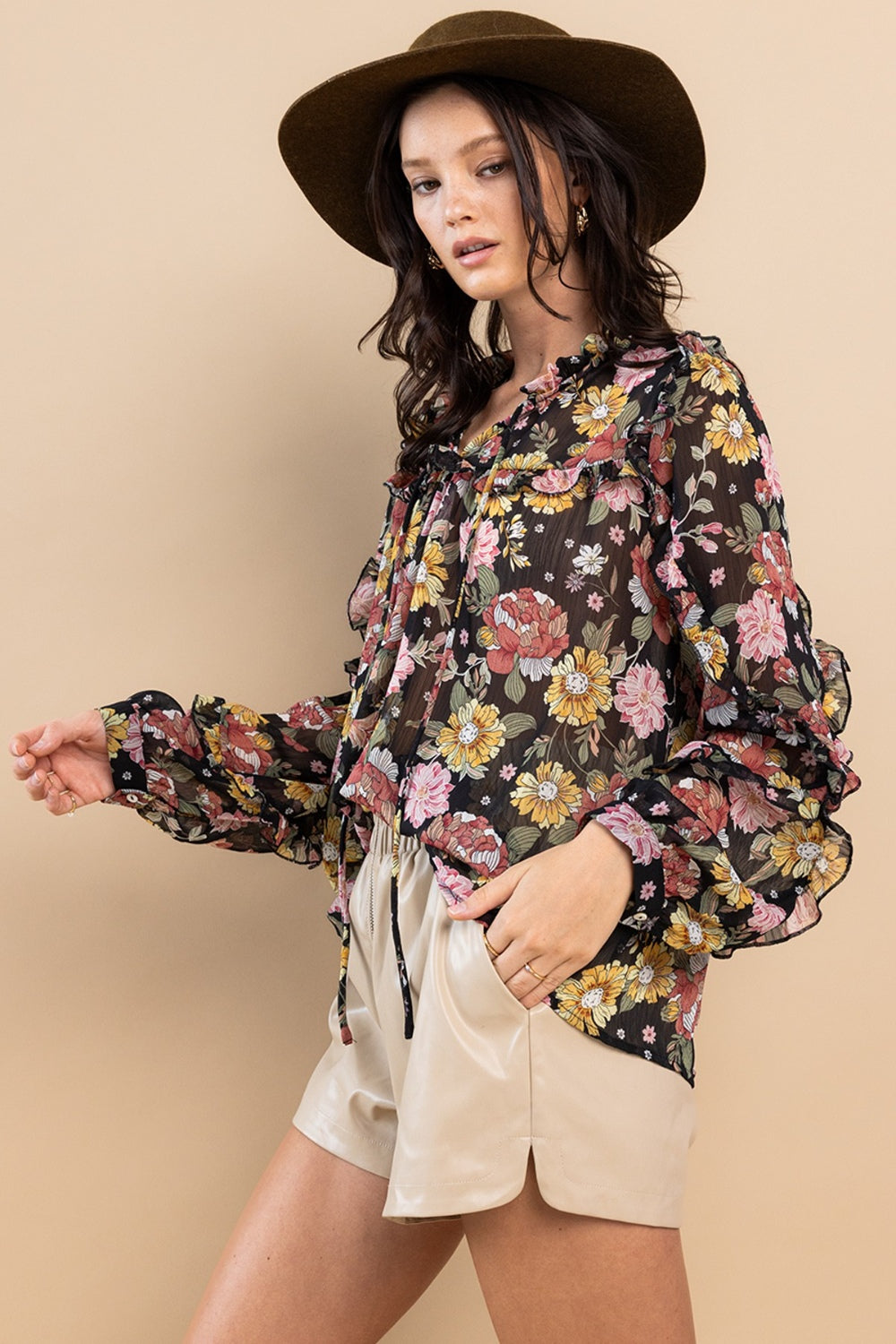 Ces Femme Ruffle Trim Long Sleeve Floral Blouse - Flyclothing LLC