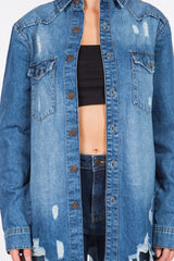 American Bazi Distressed Frayed Hem Denim Jacket - Trendsi