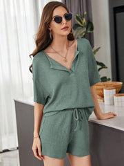 Full Size Waffle-Knit Dropped Shoulder Top and Shorts Set - Trendsi