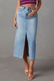 Slit Raw Hem Midi Denim Skirt - Flyclothing LLC