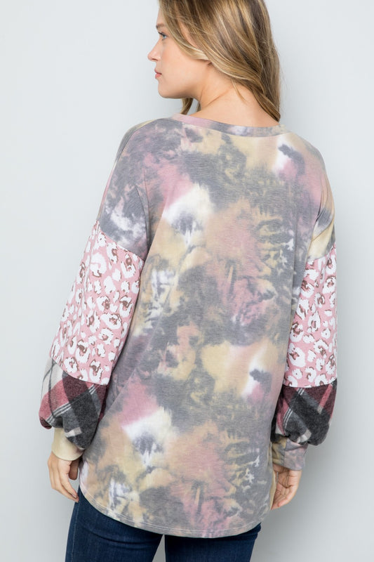 Celeste Tie-Dye V-Neck Printed Sleeve Blouse - Trendsi