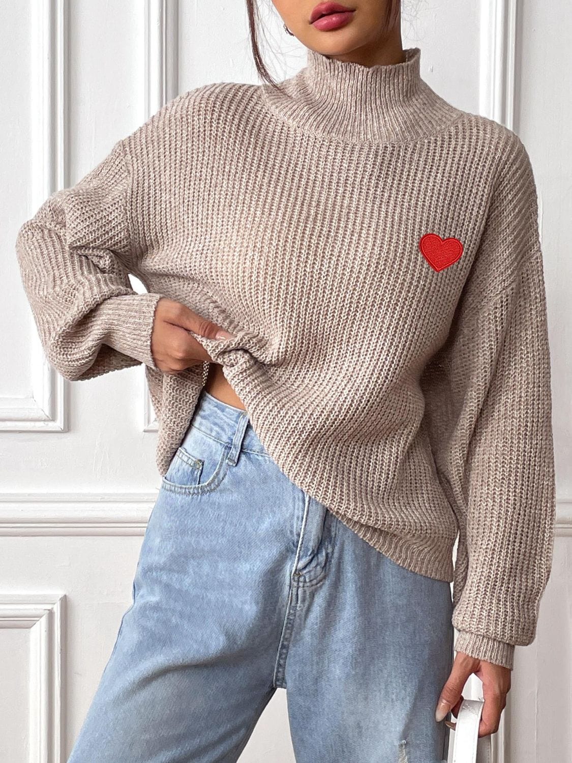 Heart Turtleneck Dropped Shoulder Long Sleeve Sweater - Trendsi