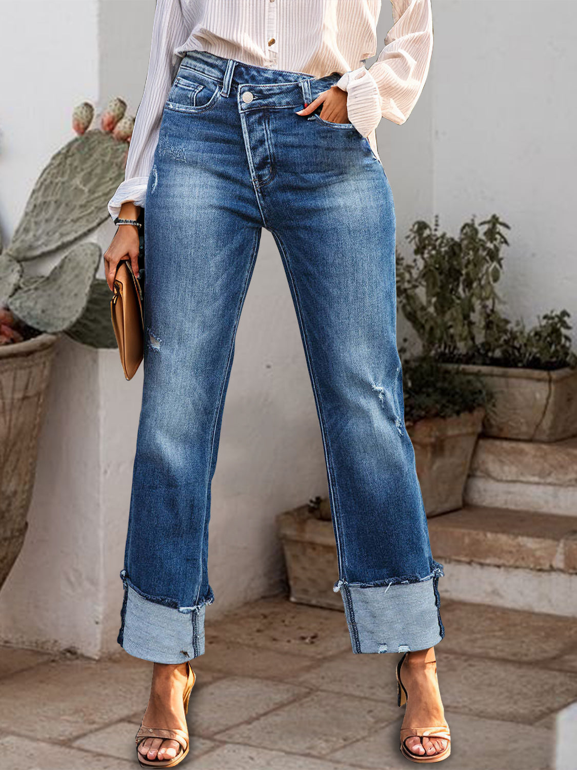 Stepped Waist Raw Hem Rolled Straight Jeans Trendsi