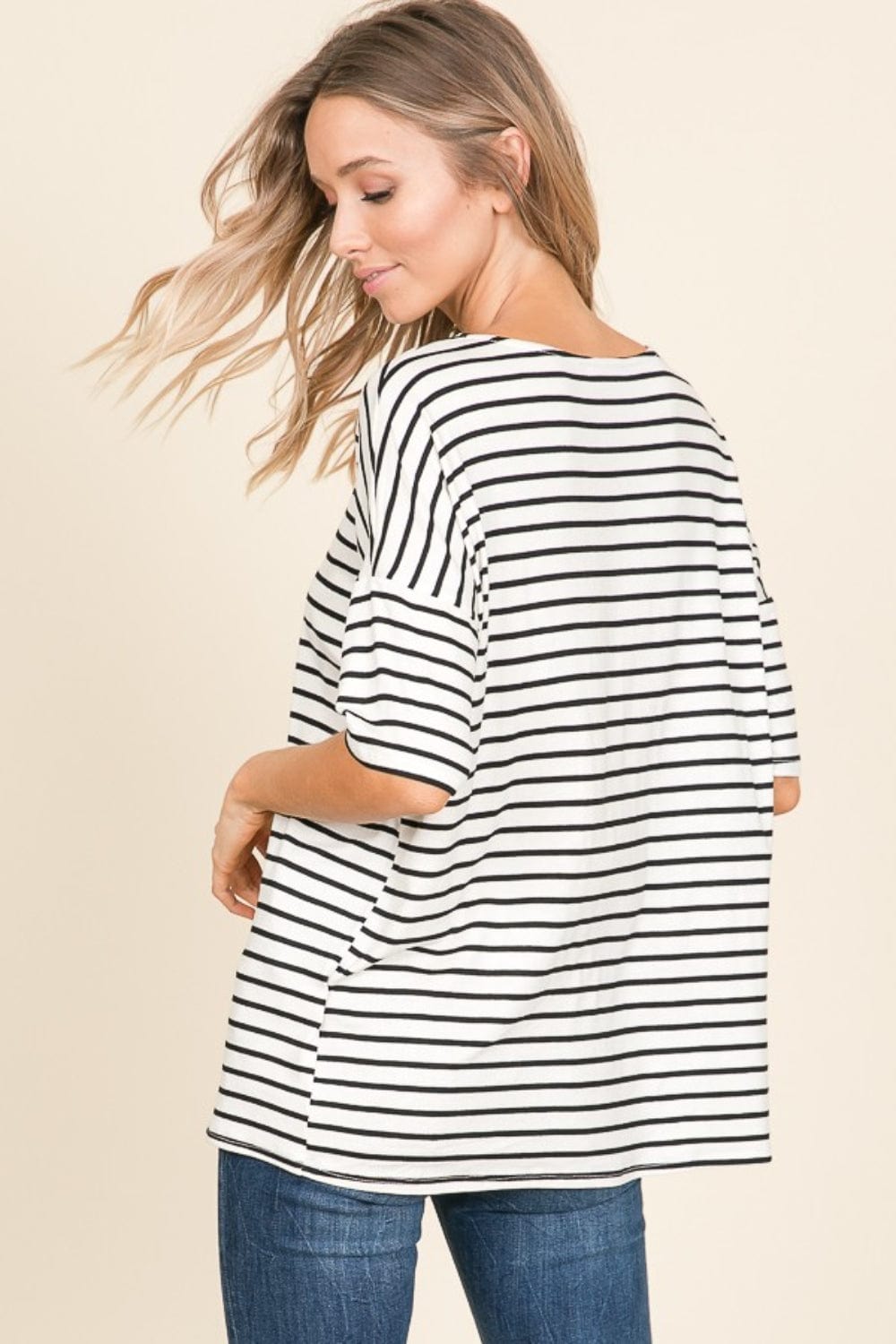 BOMBOM Striped Round Neck T-Shirt - Trendsi