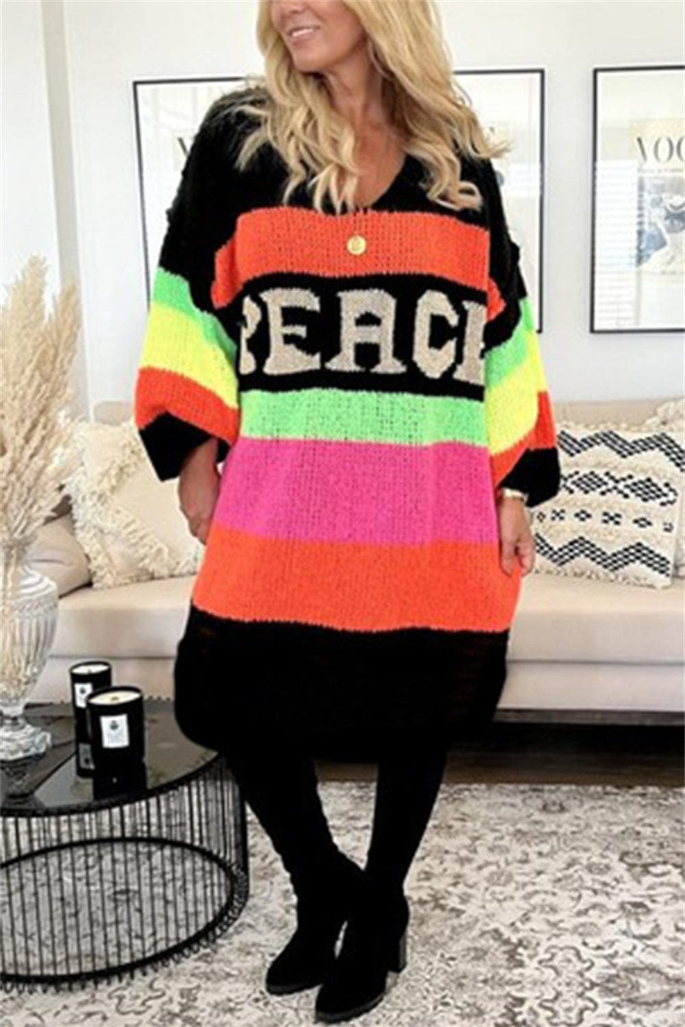 Color Block V-Neck Long Sleeve Sweater Dress - Trendsi