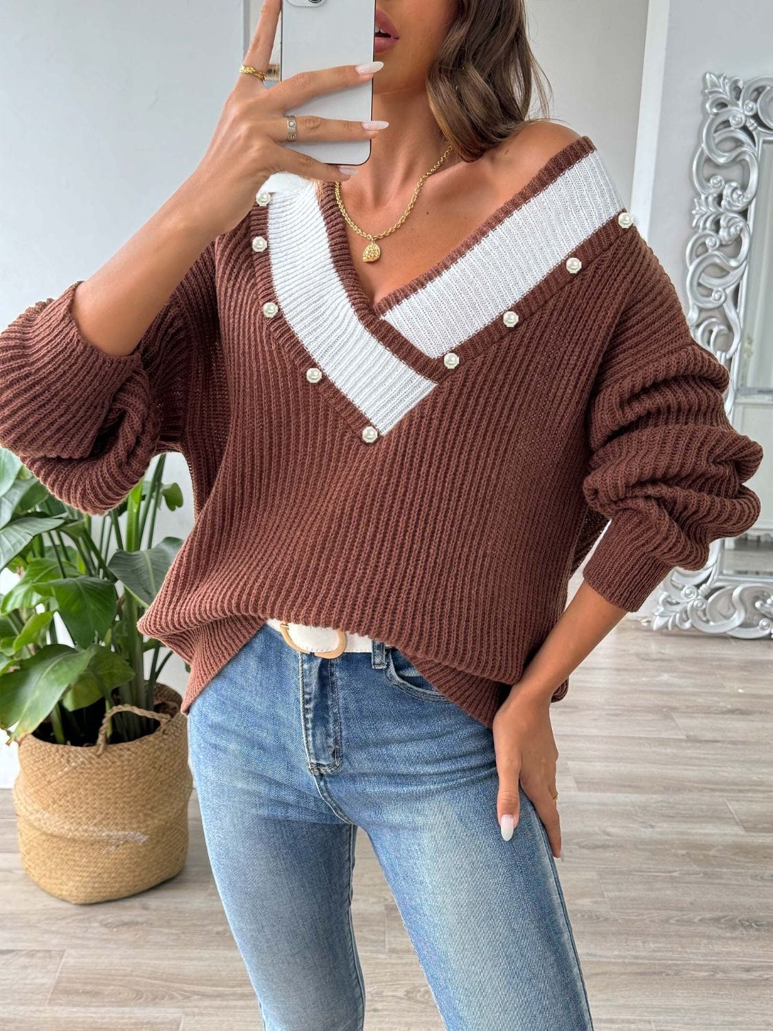 Contrast Trim Dropped Shoulder Long Sleeve Sweater - Trendsi