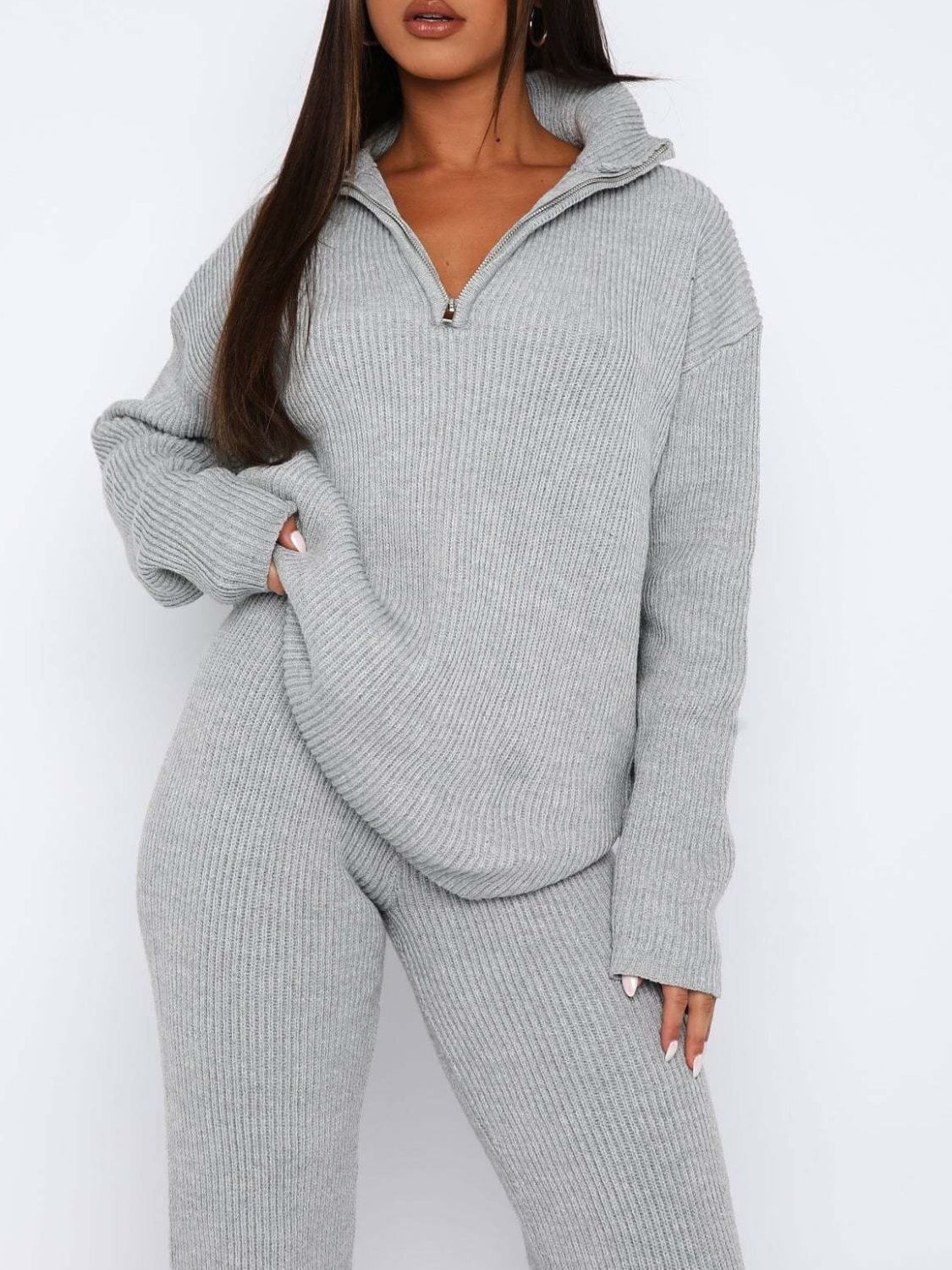 Quarter Zip Long Sleeve Top and Pants Set - Trendsi