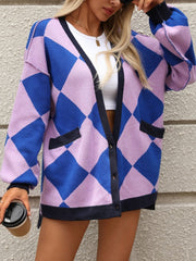 Checkered Dropped Shoulder Long Sleeve Cardigan - Trendsi