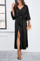 Slit Tied V-Neck Three-Quarter Sleeve Dress - Flyclothing LLC